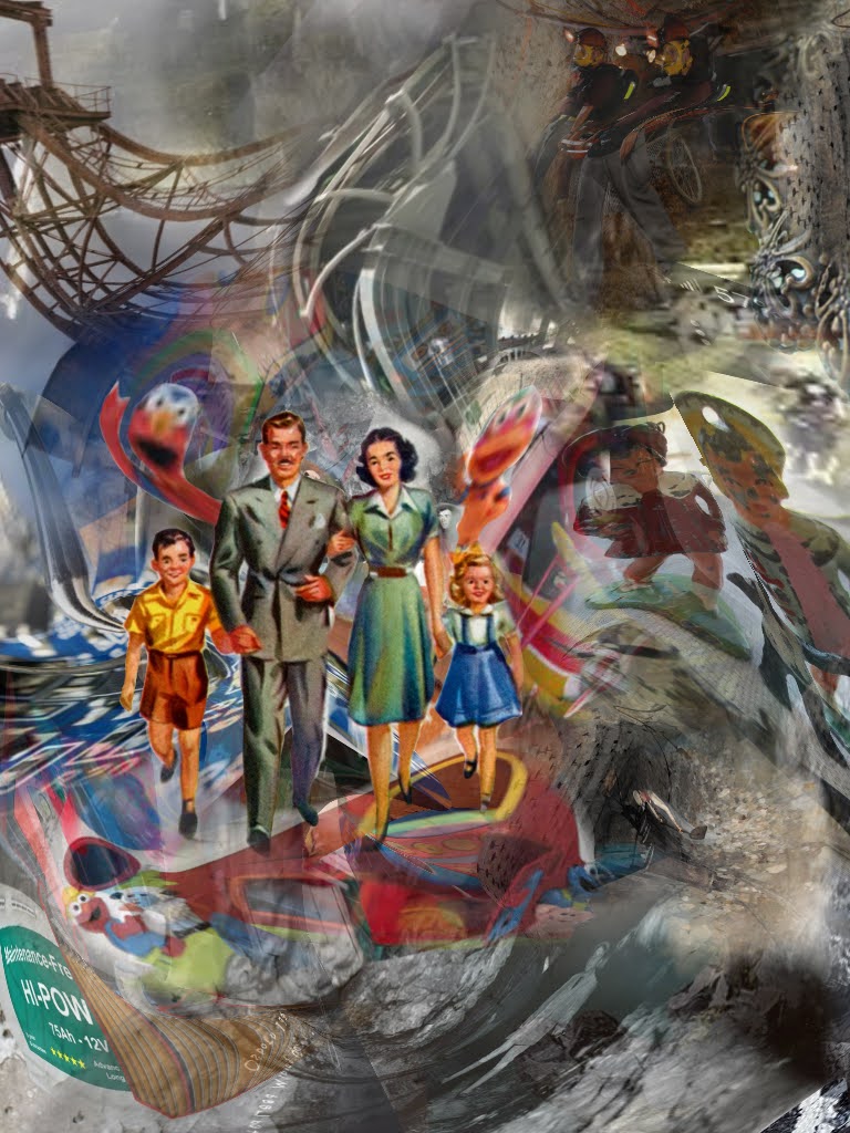 foreground contains cutout image of a 1950's stle family holding hands, from left to right is a young boy, his father, his mother, and a young girl. the background contains distorted images that melt together, images of oil towers, lead-infused toys, lead batteries, and lead mines